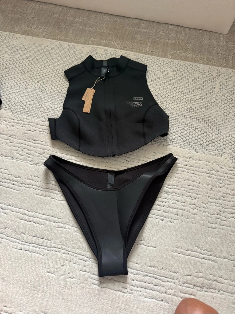 SKIMS Black Zip-Front Crop Swim Vest with High-Cut Bikini Bottoms